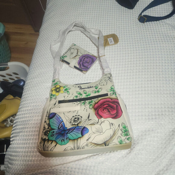 ANUSCHKA NWT HANDPAINTED FLORAL BUTTERFLY HOBO  BAG & MATCHING WALLET COMBO - Picture 1 of 16
